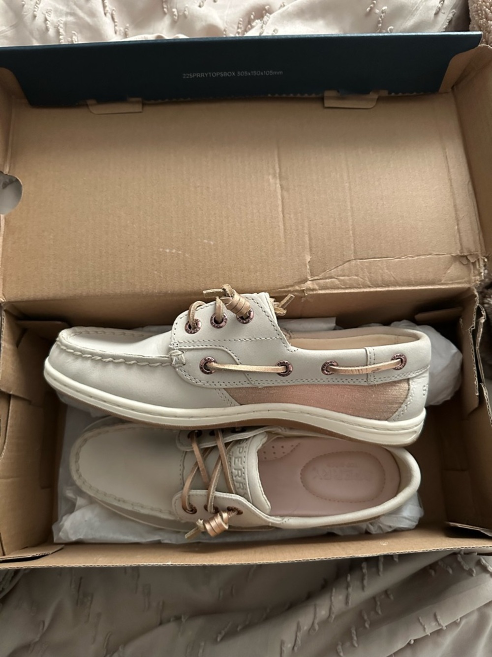 Sperry Cream and Blush Glittery Leather Boat Shoes